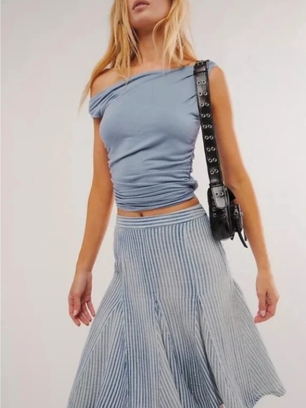 Free People Pale Blue Ribbed Flare Midi Skirt